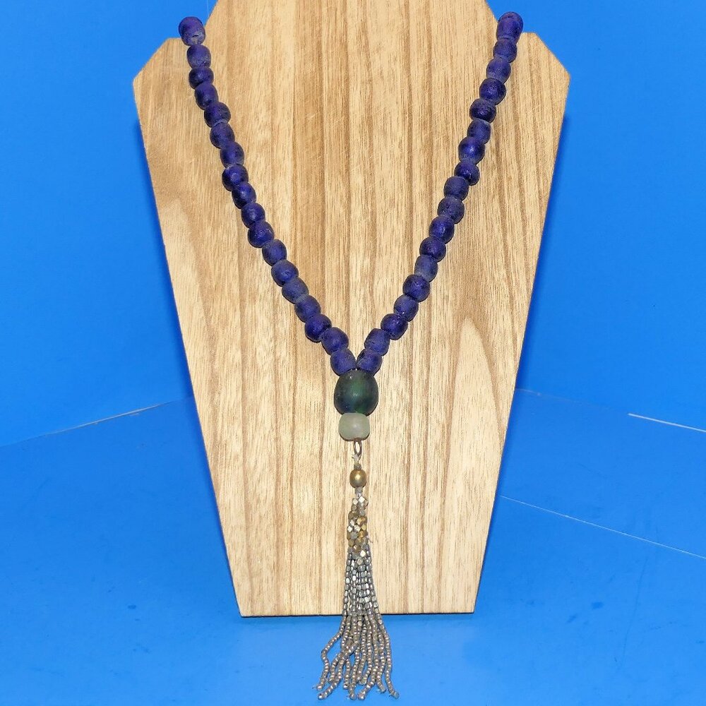 Jonesy Wood Designer Necklace Blue Beach Glass Style Beads Beaded Tassel Rare